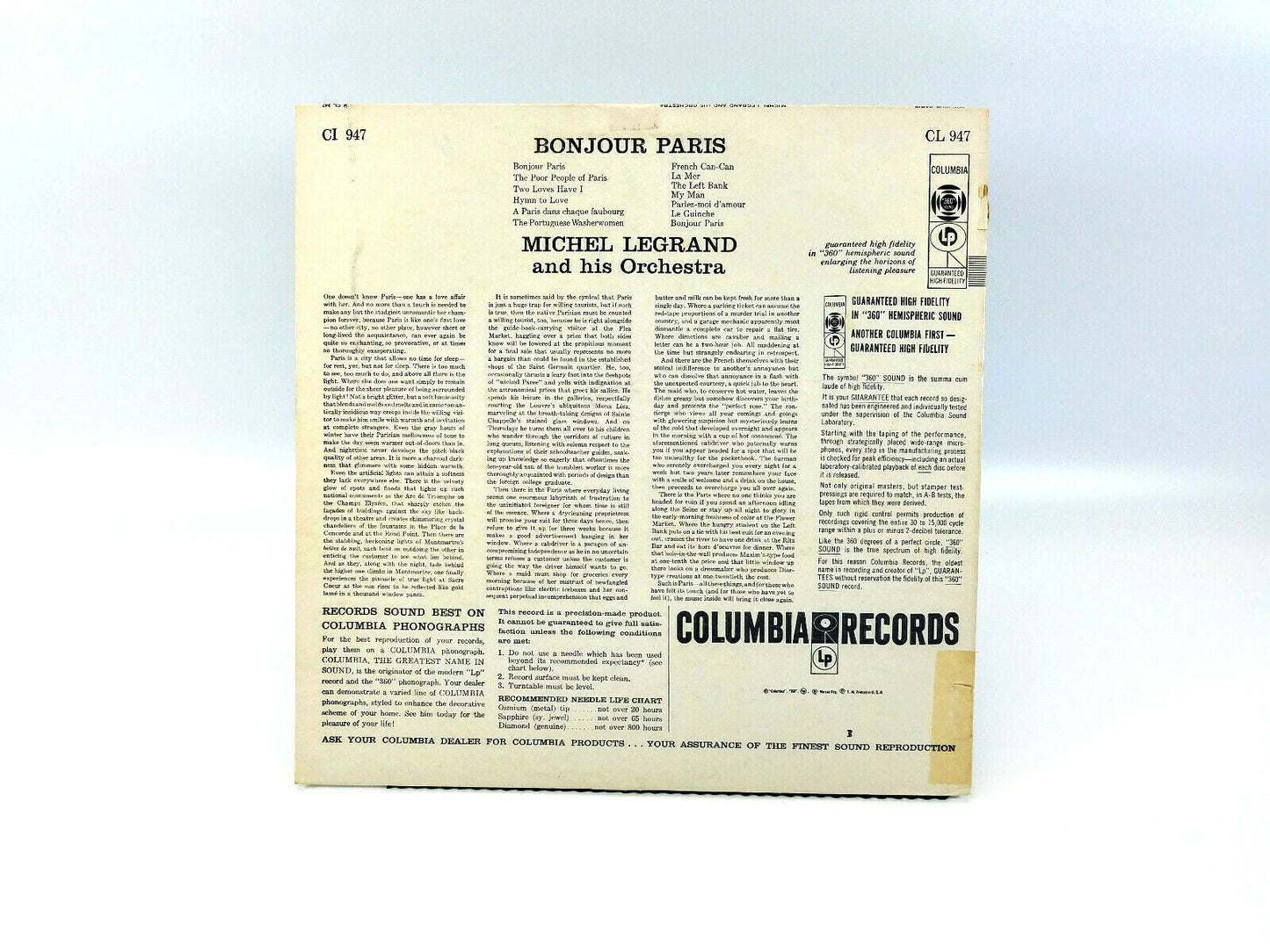 Michel Legrand And His Orchestra* - Bonjour Paris CL 947 Vinyl, LP VG+