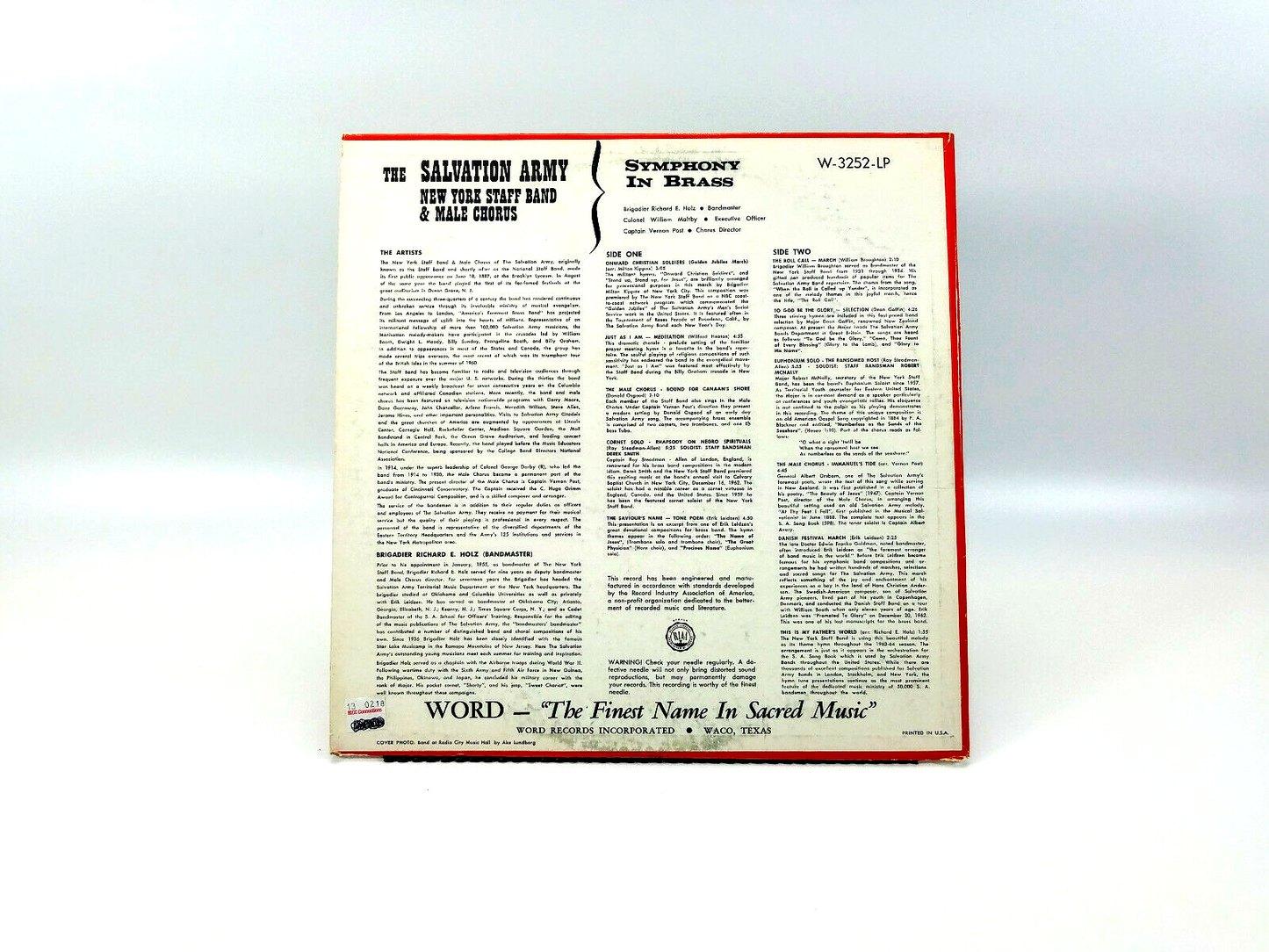 The Salvation Army New York Staff Band & Male Chorus Symphony In Brass LP Word