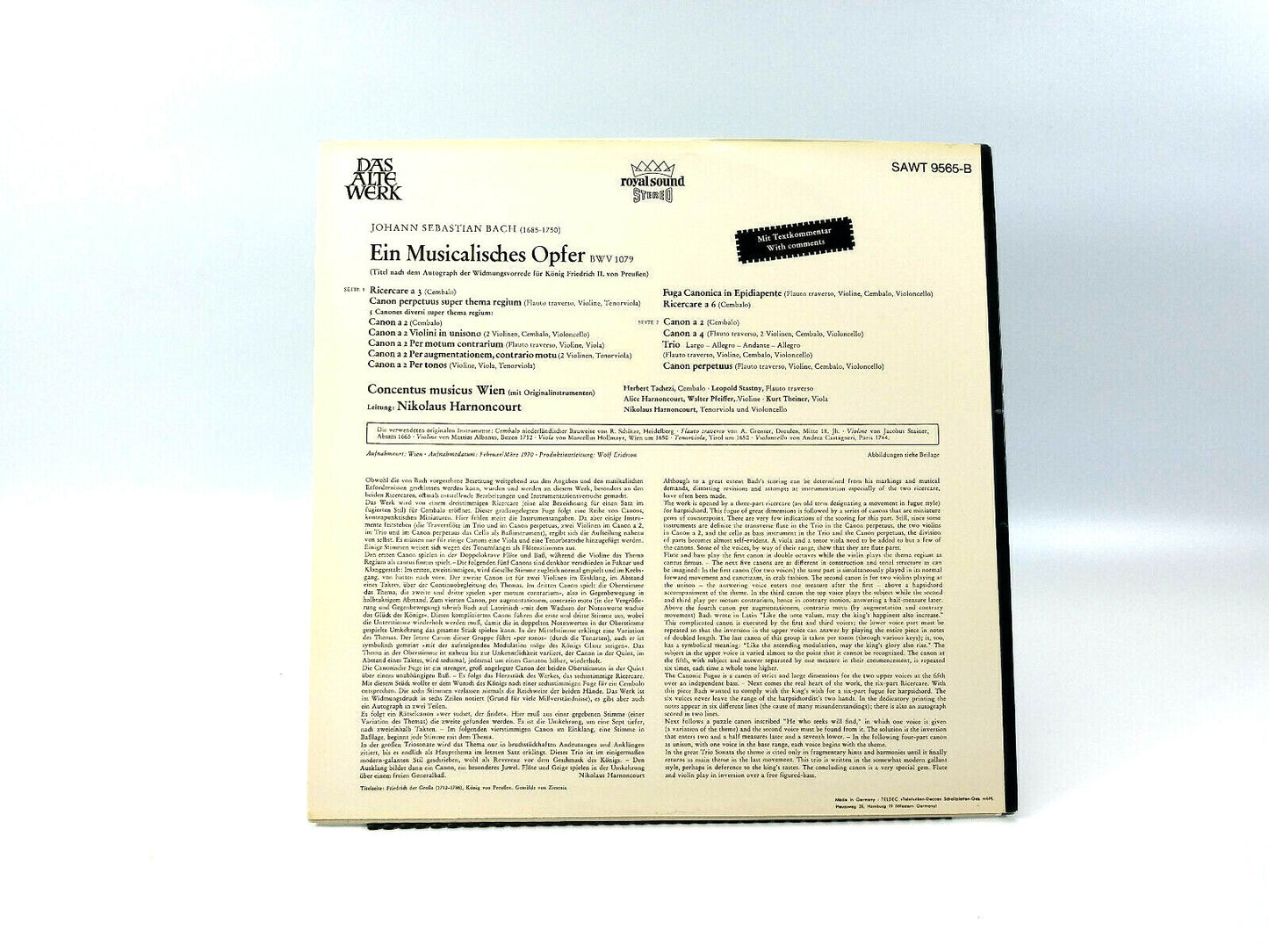 Musikalisches Opfer - Johann Sebastian Bach SAWT 9565-B LP NM