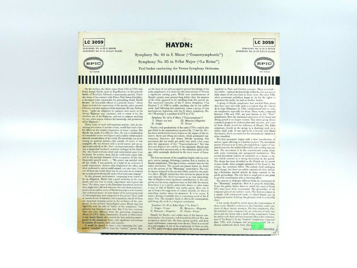Joseph Haydn Symphony No. 44 In E Minor No. 85 In B-Flat Major Epic LC 3059 LP