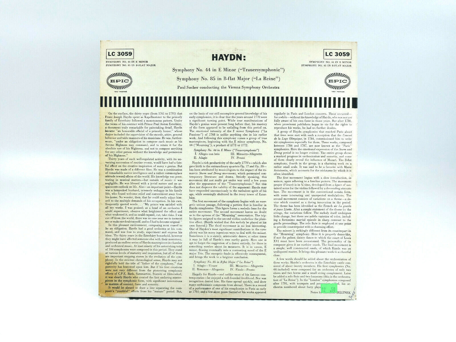Joseph Haydn Symphony No. 44 In E Minor No. 85 In B-Flat Major Epic LC 3059 LP