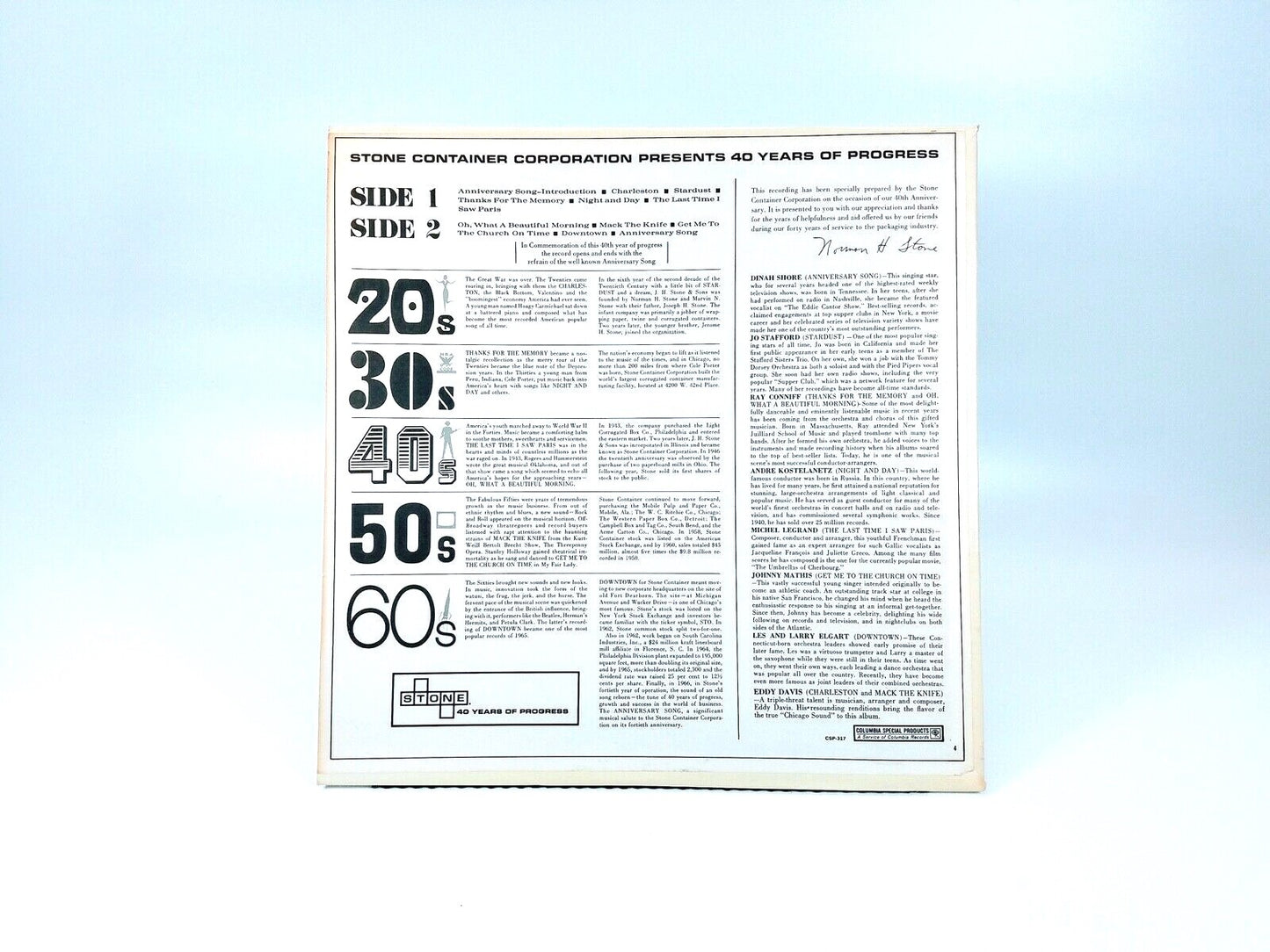 Stone Container Corp 40th Anniversary Hits Of 20s 30s 40s 50s 60s Vinyl LP