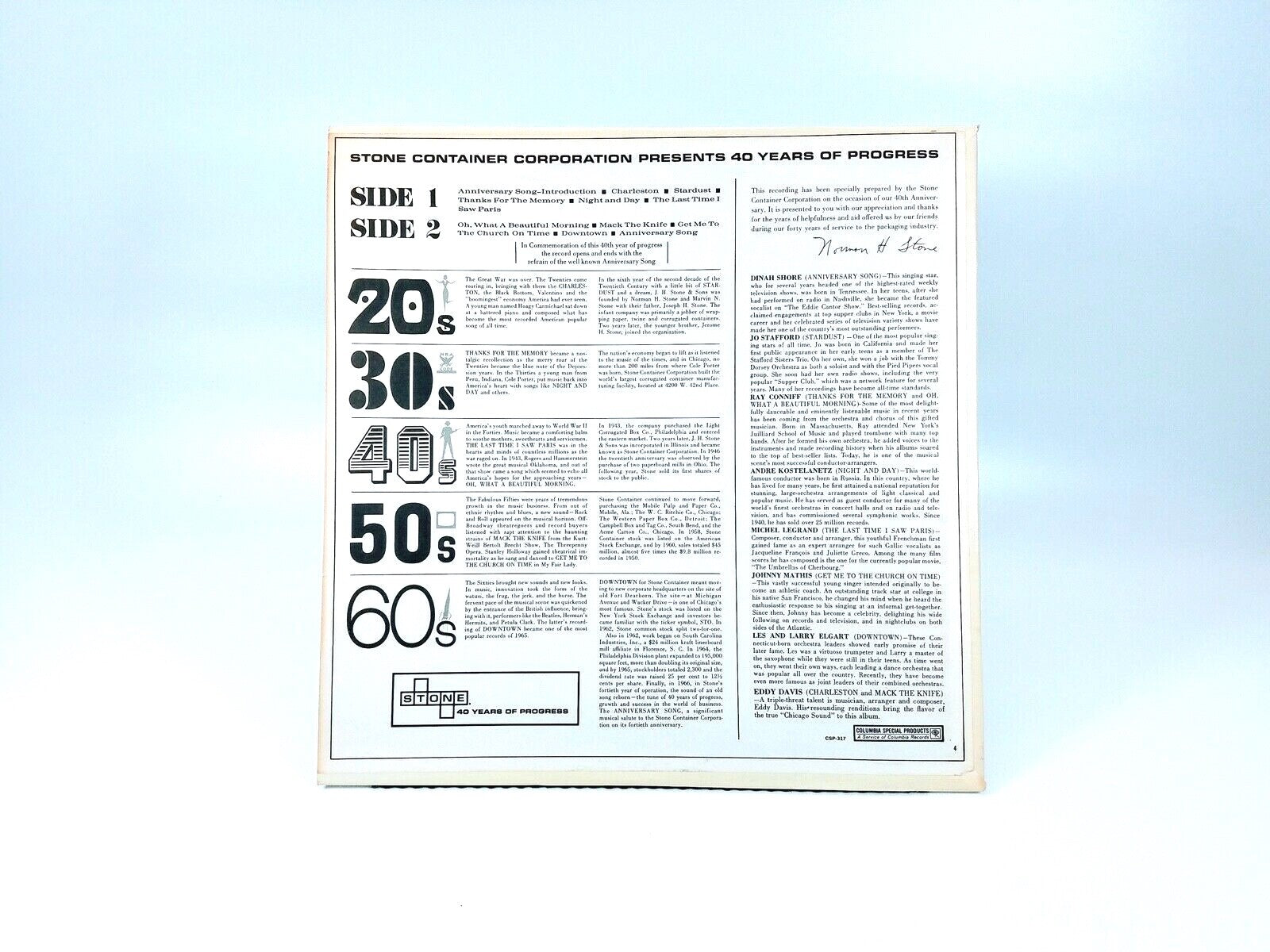 Stone Container Corp 40th Anniversary Hits Of 20s 30s 40s 50s 60s Vinyl LP