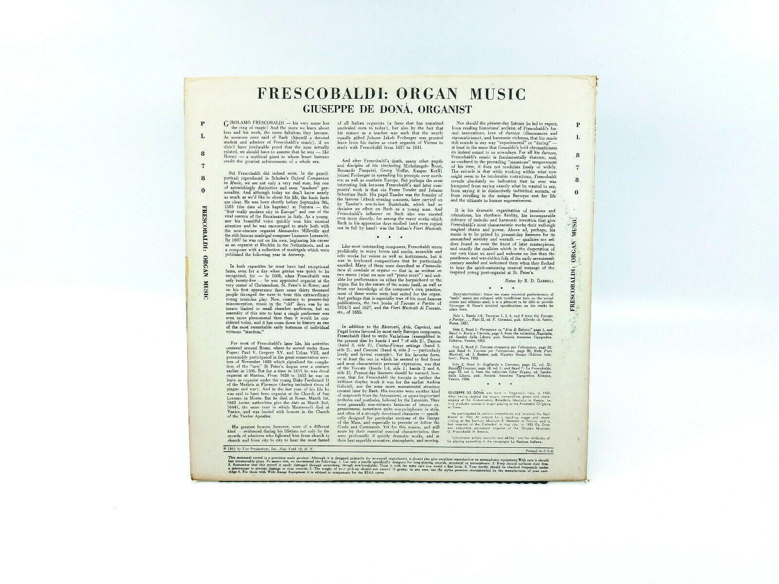 Frescobaldi*, Giuseppe De Donà - Frescobaldi: Organ Music PL 8780 Vinyl, LP