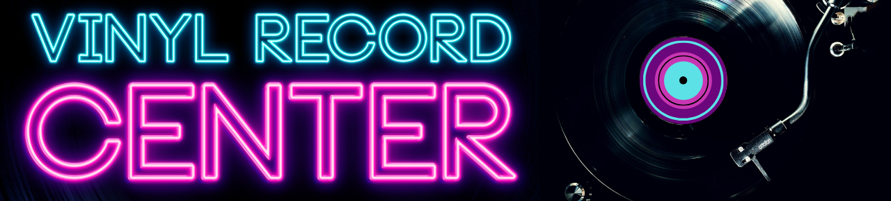 Neon sign with 'Vinyl Record Center' text and a record player graphic on a black background