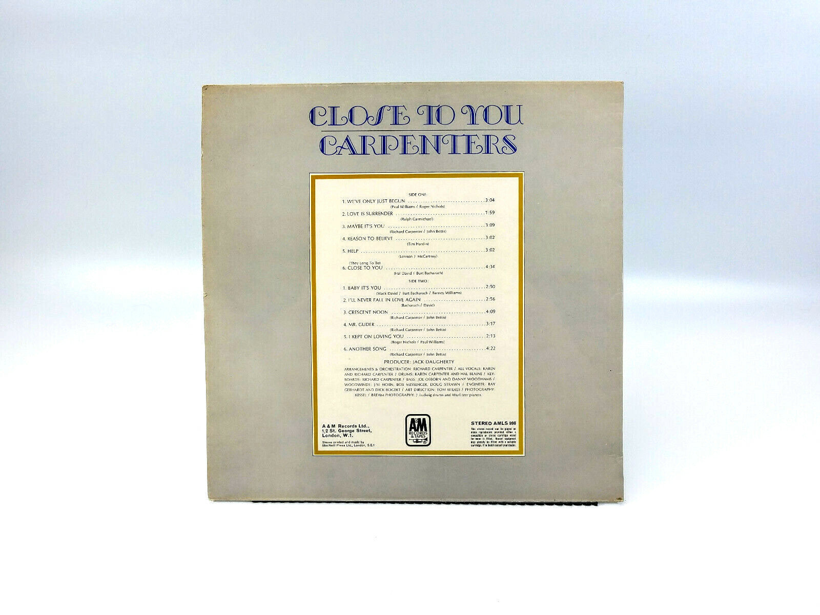 Carpenters - Close To You A&M Records MacNeill Press AMLS 998 LP VG+