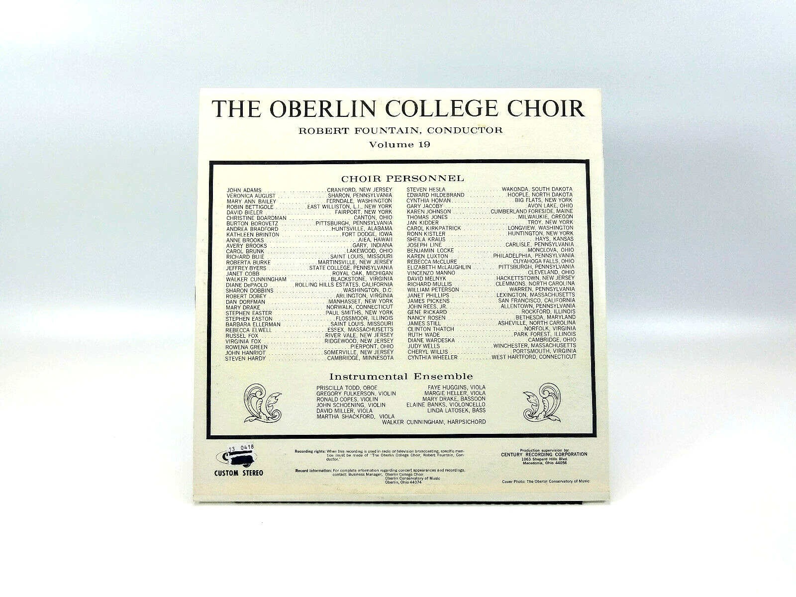 The Oberlin College Choir* Conductor Robert Fountain - Volume 19 35570 LP - NM