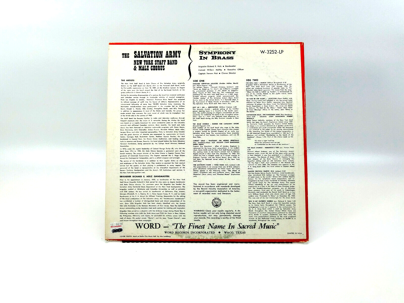 The Salvation Army New York Staff Band & Male Chorus Symphony In Brass LP Word