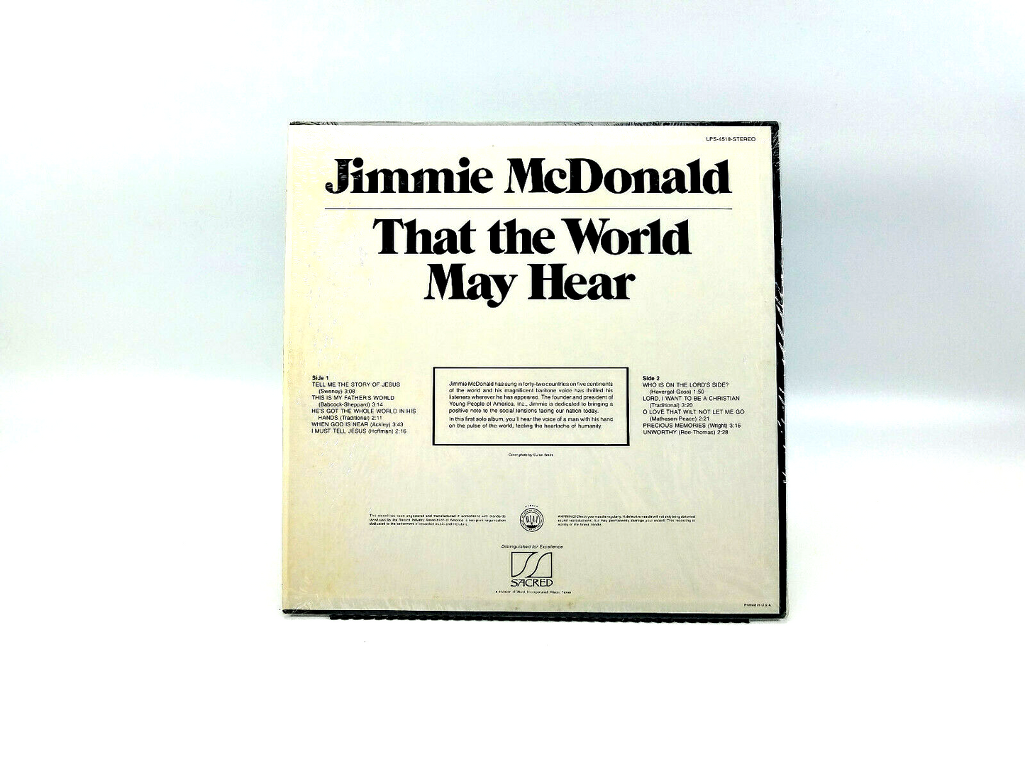 Jimmie McDonald - Sings That The World May Hear     Sacred – LPS-4518 LP NM